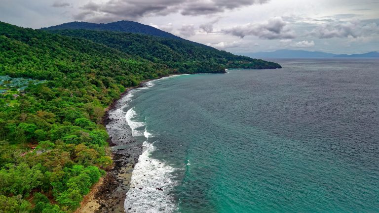 Stunning aerial shot of Sukakarya beach with lush greenery in Aceh, Indonesia.